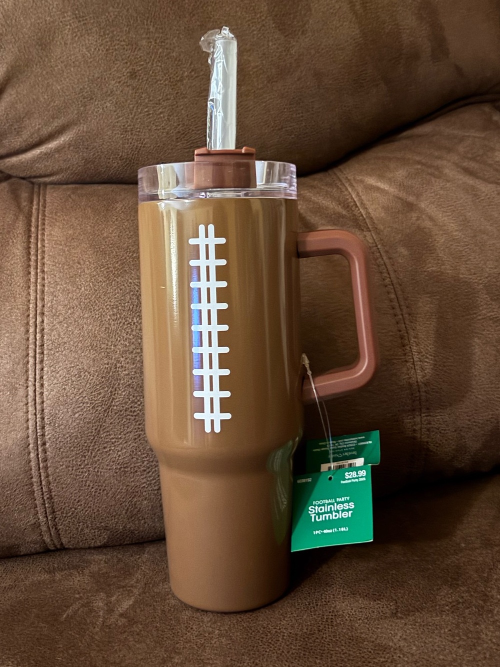 Stainless Football-Style Tumbler with Handle - Brown